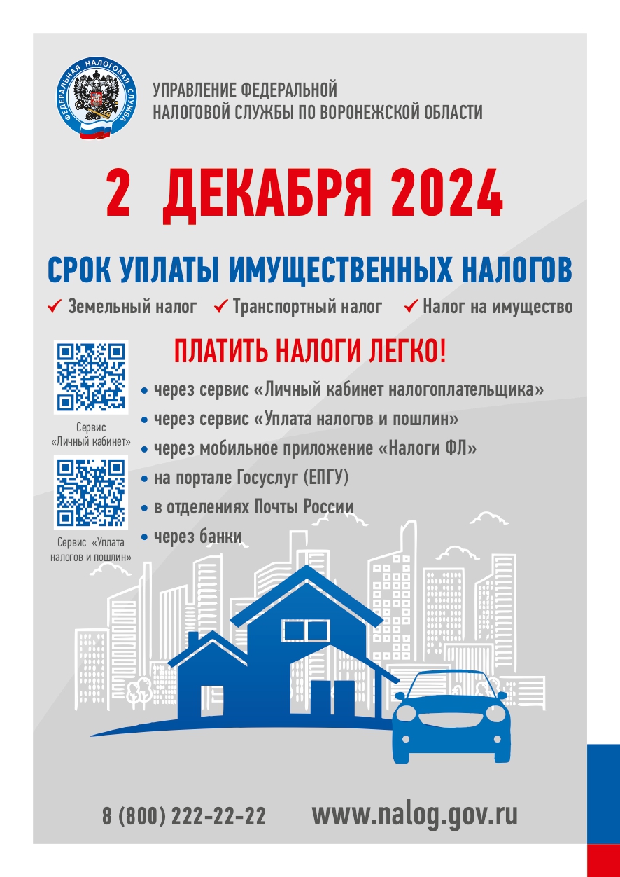 24 ДЕКАБРЯ 2024 СРОК УПЛАТЫ ИМУЩЕСТВЕННЫХ НАЛОГОВ.